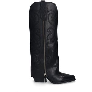 Sacha - Dames - Zwarte leren cowboylaarzen met sierstiksels