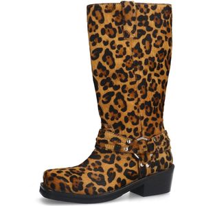 Sacha - Leren Bikerlaarzen - Bruin - Luipaardprint - Ronde Zilveren Gesp