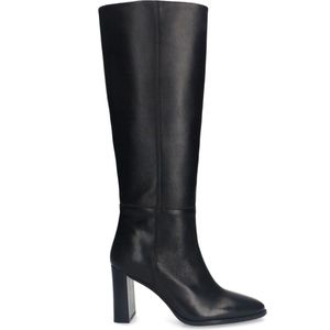 Sacha - Zwarte Leren Hoge Laarzen - High Boots - Ronde Neus - Blokhak 8,5 cm