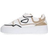 Sacha - Dames - Witte Leren Sneakers - Beige Details - Plateau Zool 4cm