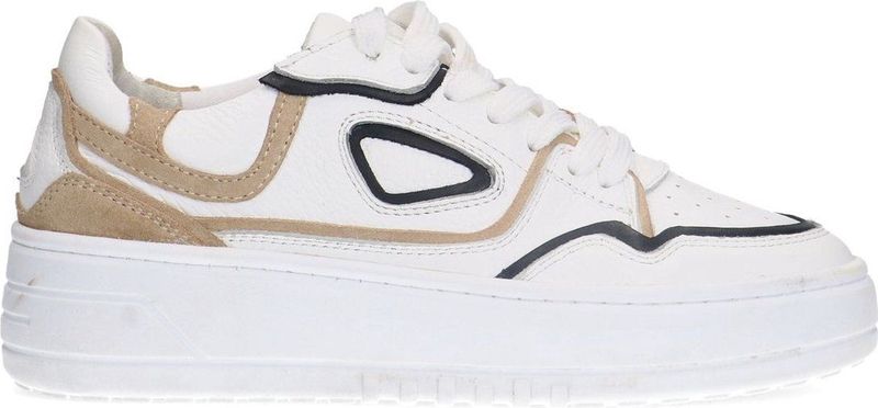Sacha - Dames - Witte Leren Sneakers - Beige Details - Plateau Zool 4cm