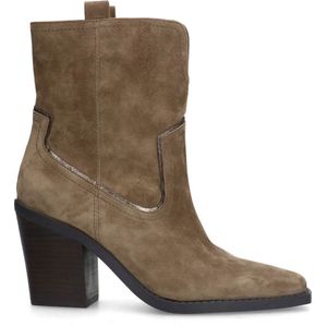 Sacha - Dames - Taupe suède enkellaarsjes met blokhak - Maat 42