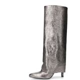 Sacha - Foldover Stiletto Laarzen - Grijs - Leer - Zilver