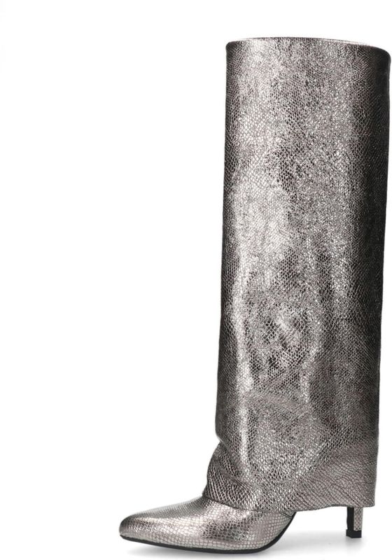 Sacha - Foldover Stiletto Laarzen - Grijs - Leer - Zilver