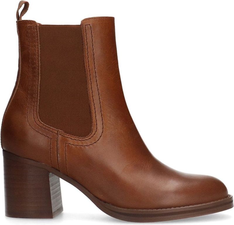 Sacha - Dames - Cognac leren enkellaarsjes met blokhak