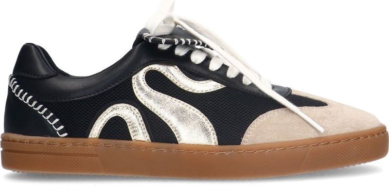 Sacha - Dames - Zwarte Suède Sneakers - Gouden Details - Bruine Zool