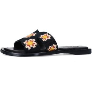 Sacha - Veelkleurige Sandalen - Zwart - Leer - Twee Banden - Bloemenborduursel