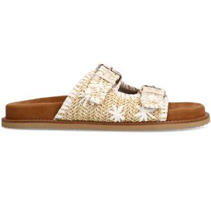Sacha - Bast Slippers - Beige - Synthetisch - Gouden Gespen - Witte Bloemen