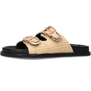 Sacha - Bast Sandalen - Beige - Leren Voering - Bronzen Gespen