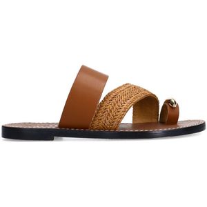 Sacha - Leren Sandalen - Bruin - Gevlochten Jute Detail - Goudkleurig Accent