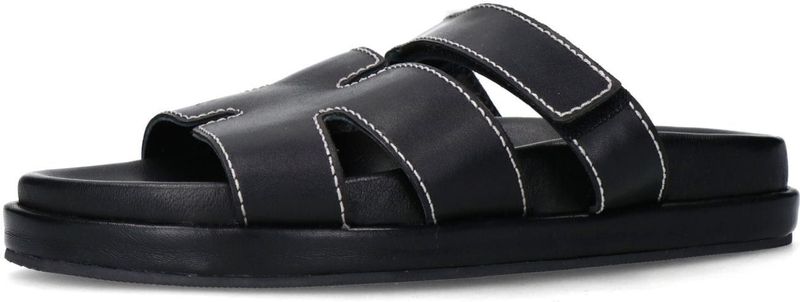 Sacha - Dames - Zwarte Leren Slippers - Klittenbandsluiting - Plateauzool 3 cm