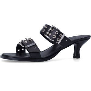 Sacha - Zwarte Leren Muiltjes - Hak 6 cm - Buckles - Leer