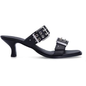 Sacha - Zwarte Leren Muiltjes - Hak 6 cm - Buckles - Leer