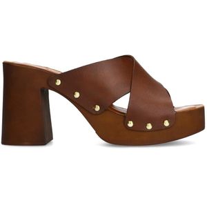 Sacha - Dames - Cognac Leren Muiltjes met Plateau Hak - Hout Design - Peep Toe