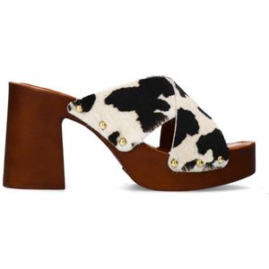 Sacha - Cow Print Leren Muiltjes - Plateau Hak - Goudkleurige Studs