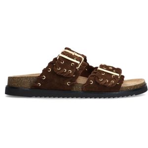 Sacha - Donkerbruine Slippers - Suède - Goudkleurige Buckles