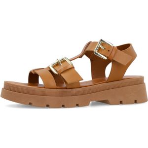 Sacha - Dames - Cognac Leren Plateau Sandalen - Goudkleurige Buckles