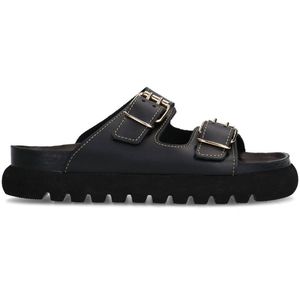 Sacha - Zwarte Leren Sandalen - Gouden Gespen