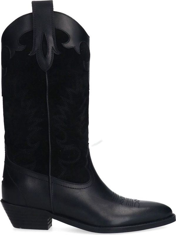 Sacha - Dames - Zwarte Leren Cowboylaarzen - Sierstiksels - Blokhak 4 cm