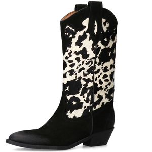 Sacha - Cow Print Suède Cowboylaarzen - Zwart - Blokhak 5 cm