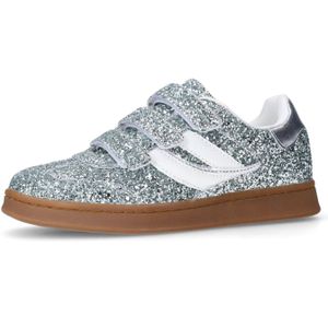 Sacha - Dames - Zilveren Glitter Sneakers - Klittenband - Glitter Design - Witte Details