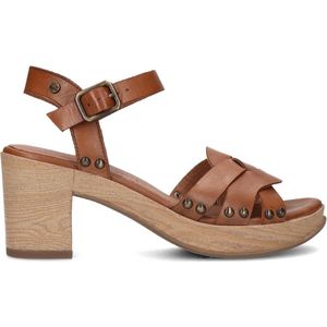 No Stress - Dames - Cognac leren sandalen met blokhak