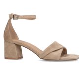 Manfield - Dames - Beige Suède Sandalen - Hak 6 cm - Gespsluiting