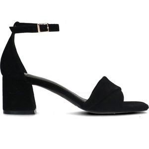 Manfield - Zwarte Velours Sandalen - Suède - Blokhak 6 cm - Gouden Gespsluiting