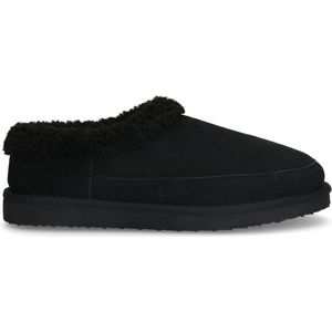 Manfield - Heren - Zwarte suède pantoffels met imitatie wol - Maat 45