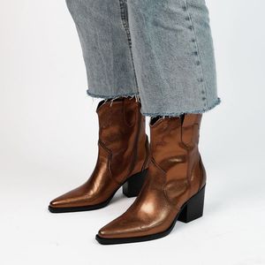 Manfield - Dames - Bronskleurige metallic leren cowboy laarzen
