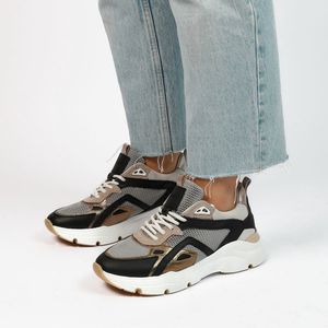 Manfield - Dames - Zwarte leren sneakers met mesh details