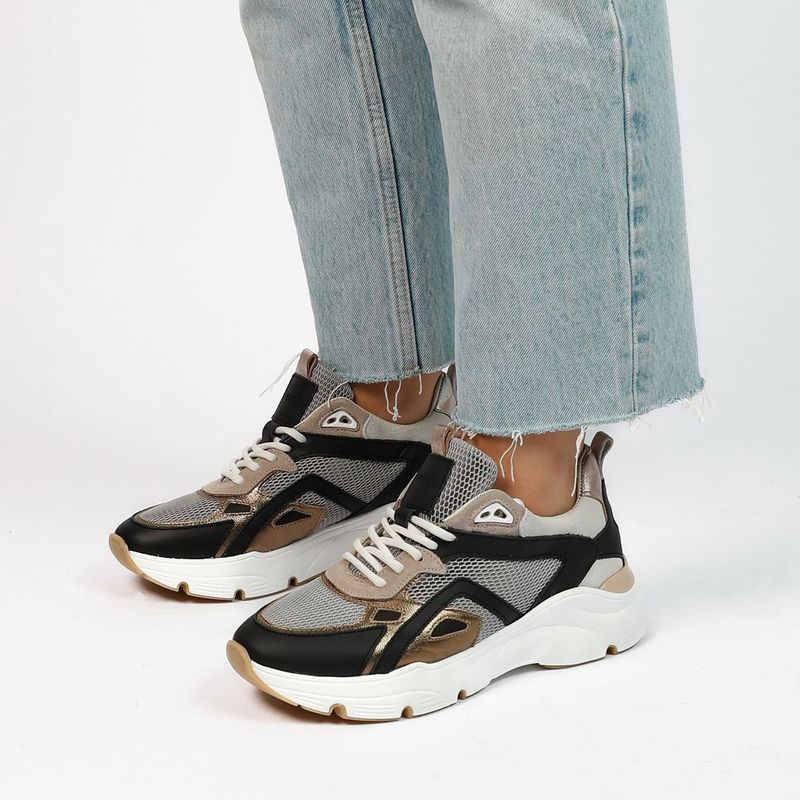Manfield - Dames - Zwarte leren sneakers met mesh details