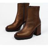 Manfield - Dames - Bronskleurige Enkellaarsjes - Leer - Blokhak 8 cm
