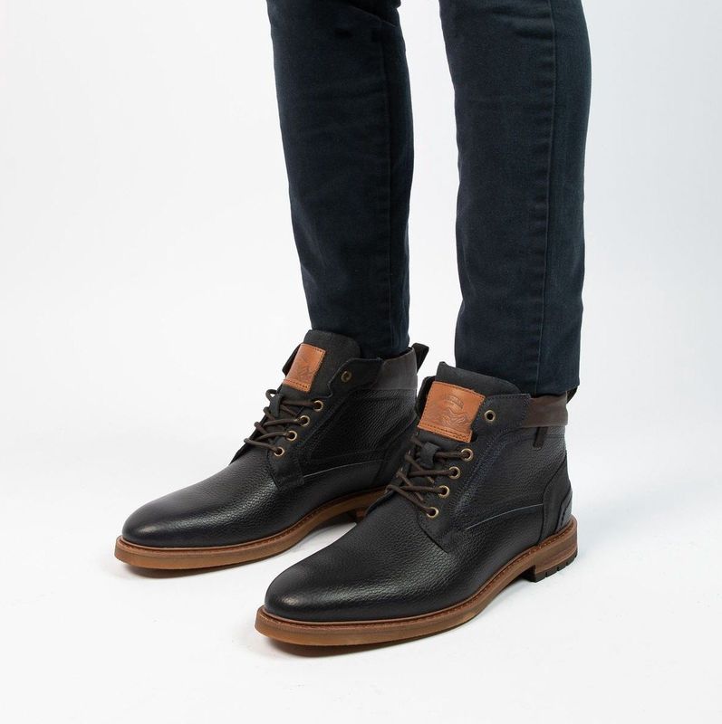 Manfield - Heren - Donkerblauwe leren veterboots