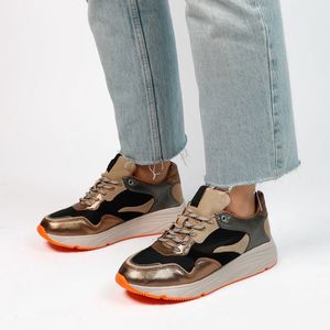 Manfield - Dames - Bruine leren sneakers met mesh details