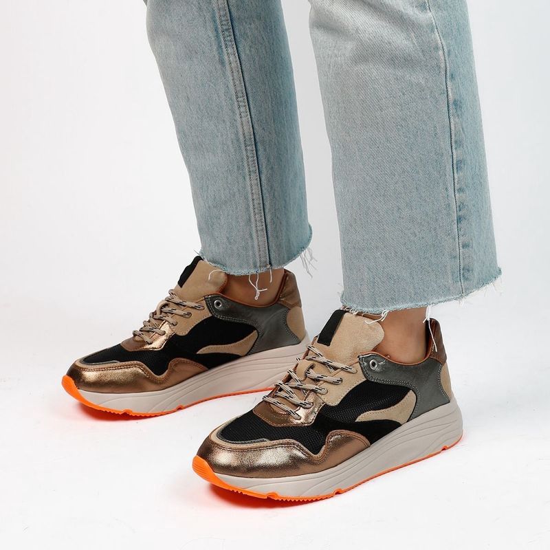 Manfield - Dames - Bruine leren sneakers met mesh details