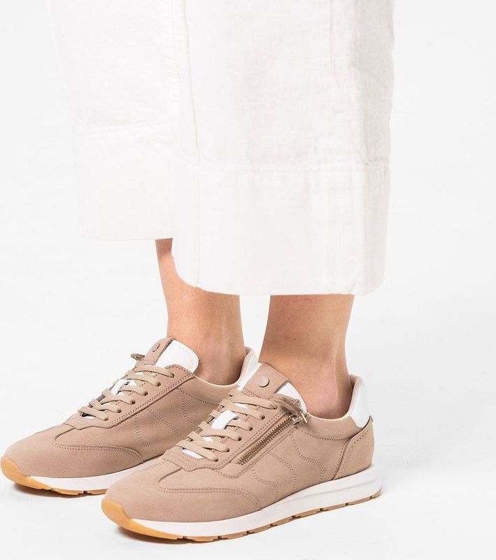 No Stress - Dames - Taupe nubuck sneakers met rits