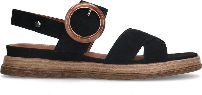 No Stress - Dames - Zwarte leren plateau sandalen met gesp