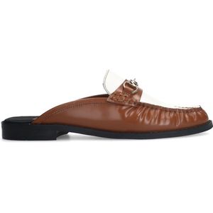 Manfield - Dames - Cognac leren Muiltjes - Witte Details - Platte Hak