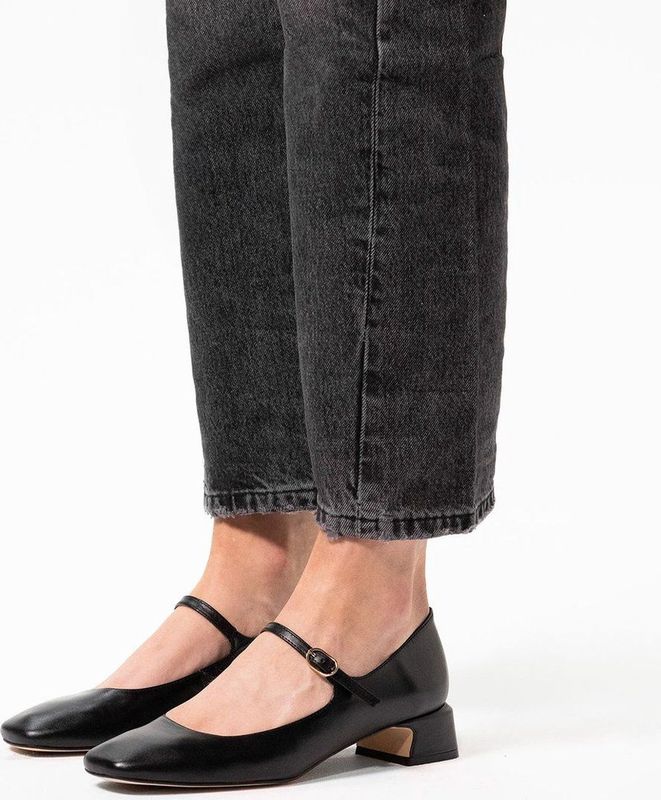 Manfield - Dames - Zwarte Leren Pumps - Leren Bandje - Lage Blokhak