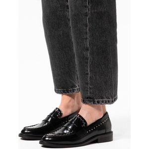 Manfield - Zwarte Leren Loafers - Zilverkleurige Studs - Blokhak 3 cm