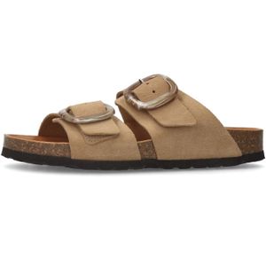 Manfield - Dames - Beige suède slippers met gesp - Maat 42