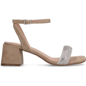 Manfield - Dames - Beige Suède Sandalen - Suède - Hak met Strass