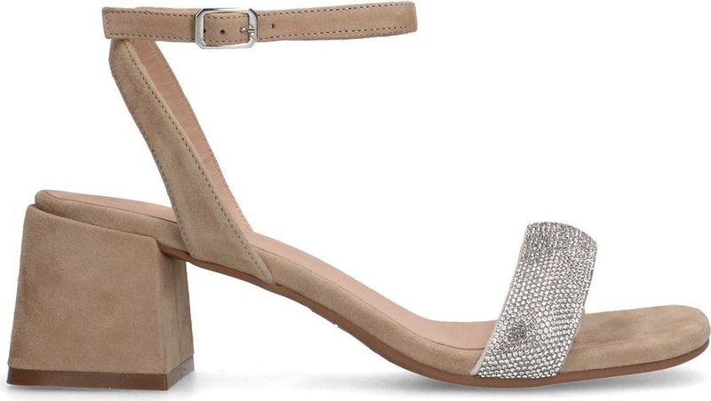 Manfield - Dames - Beige Suède Sandalen - Suède - Hak met Strass