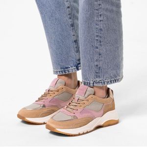 Manfield - Dames - Beige Sneakers - Suède - Mesh en Metallic Details