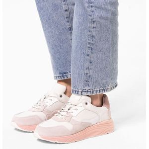 Manfield - Dames - Witte leren sneakers met roze zool