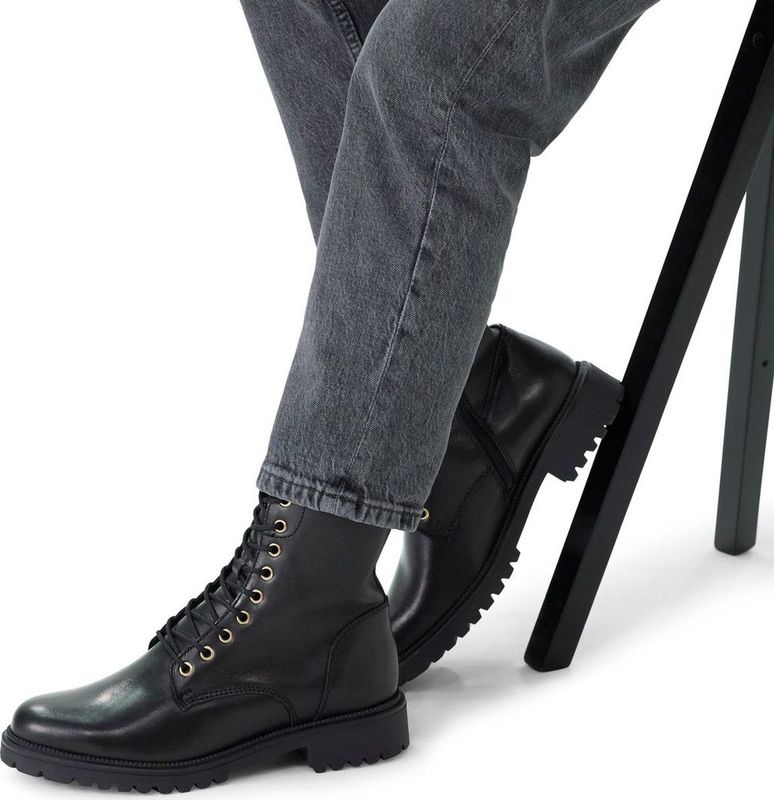 No Stress - Dames - Zwarte leren veterlaarsjes