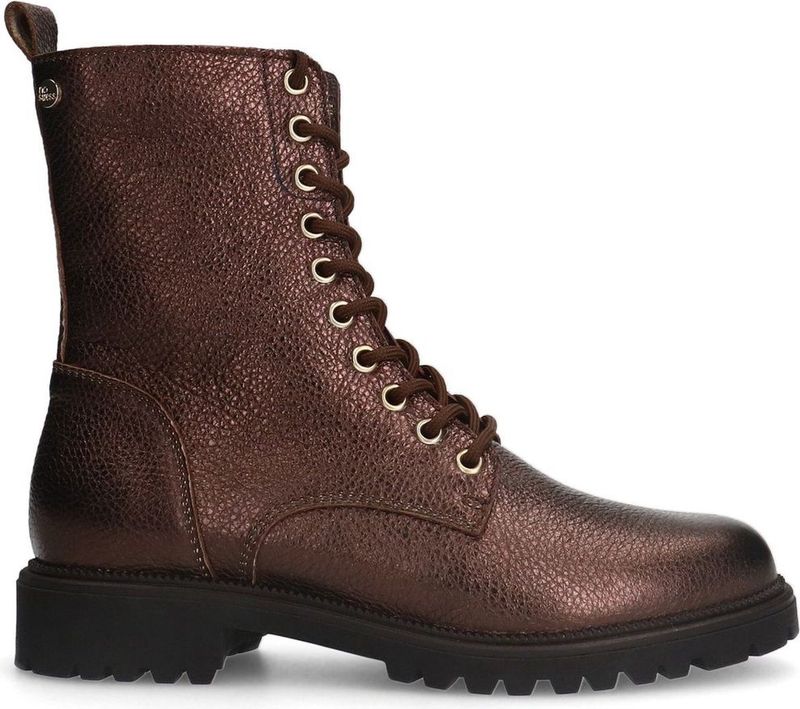 No Stress - Dames - Bronskleurige Leren Veterlaarsjes - Ritssluiting - Platte Hak 2 cm