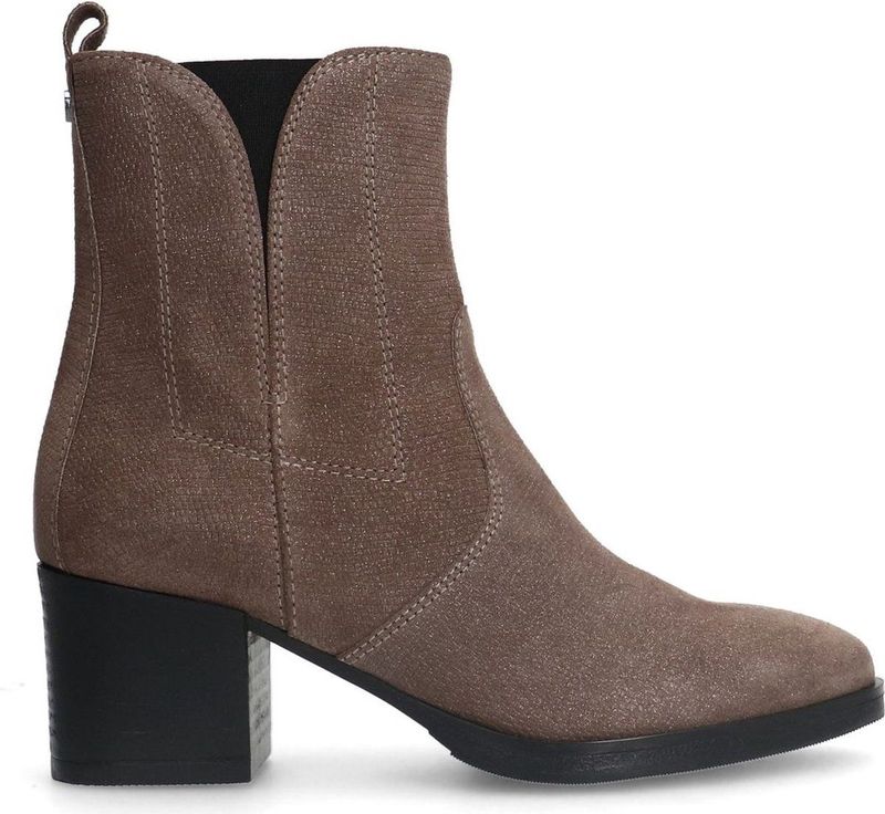 No Stress - Dames - Enkellaarsjes - Taupe - Leren - Glitter Detail - Blokhak 6 cm