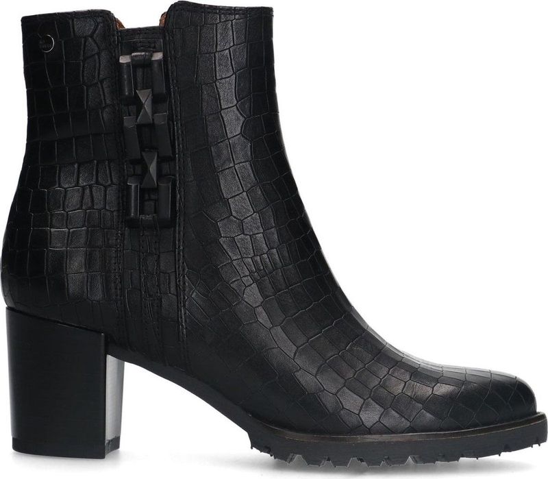 No Stress - Dames - Zwarte leren croco enkellaarsjes met hak met chain
